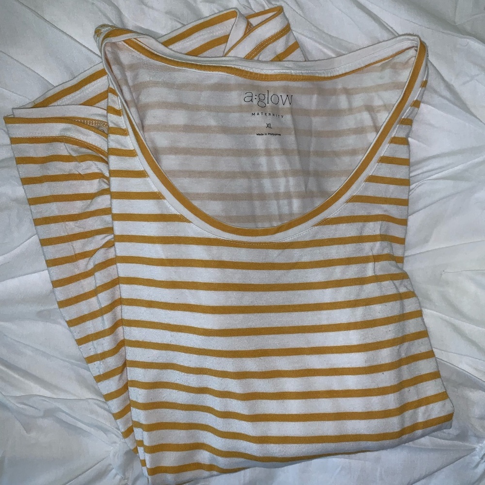 Mustard and white striped maternity shirt